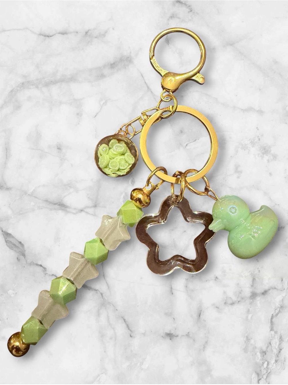 Green Duck & Star Bead Keychain Charm